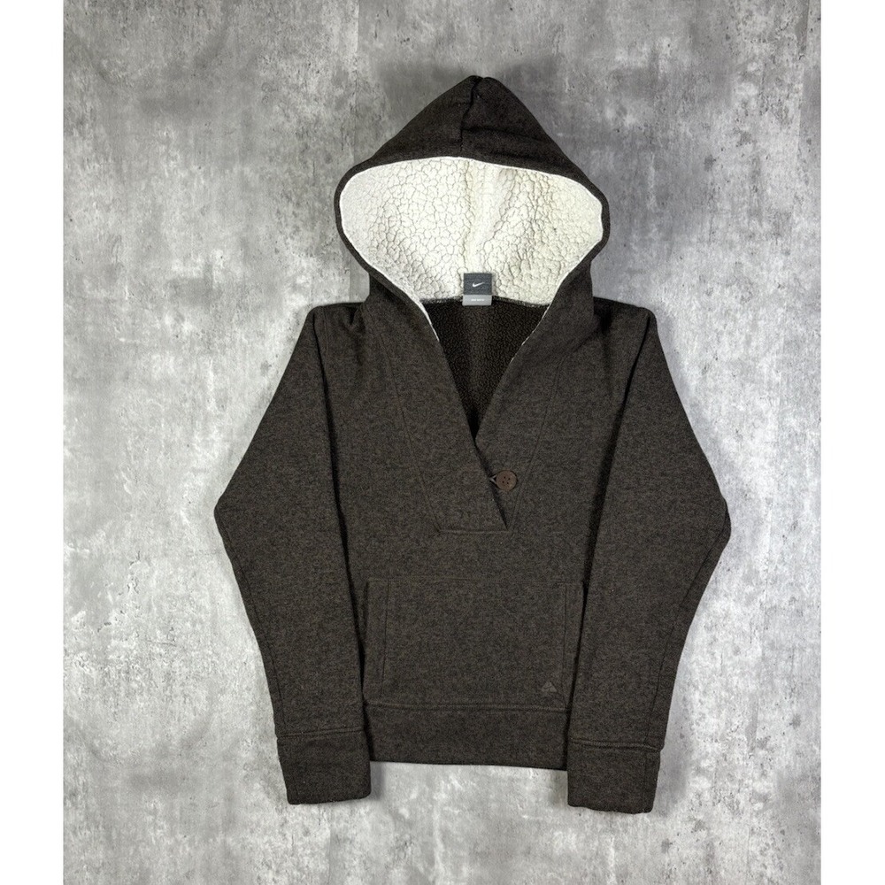 Nike ACG Womens Fleece Hoodie Brown Pullover Sherpa Lined V-Neck Size S Y2K